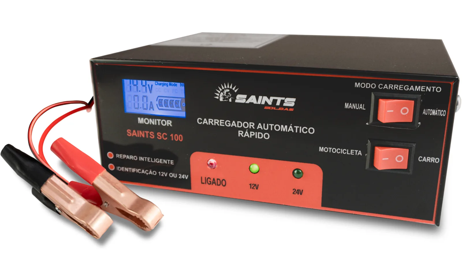 Carregador de bateria automotivo amarelo conectado a carro estacionado