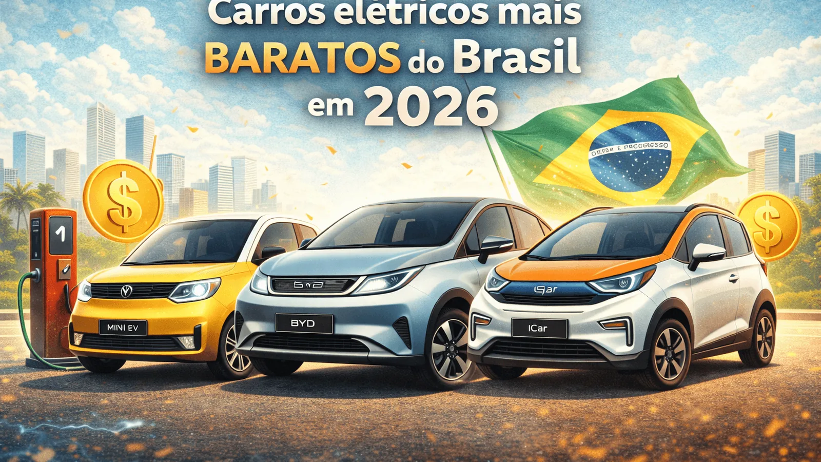 Carro elétrico azul carregando em ponto público de recarga urbano