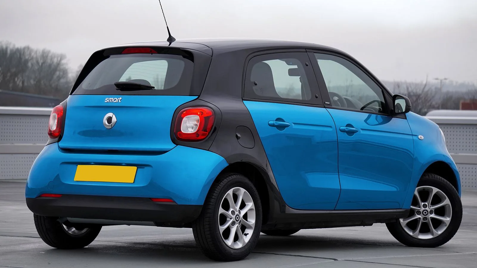A blue Smart car parked outdoors viewed from the back, highlighting urban mobility.