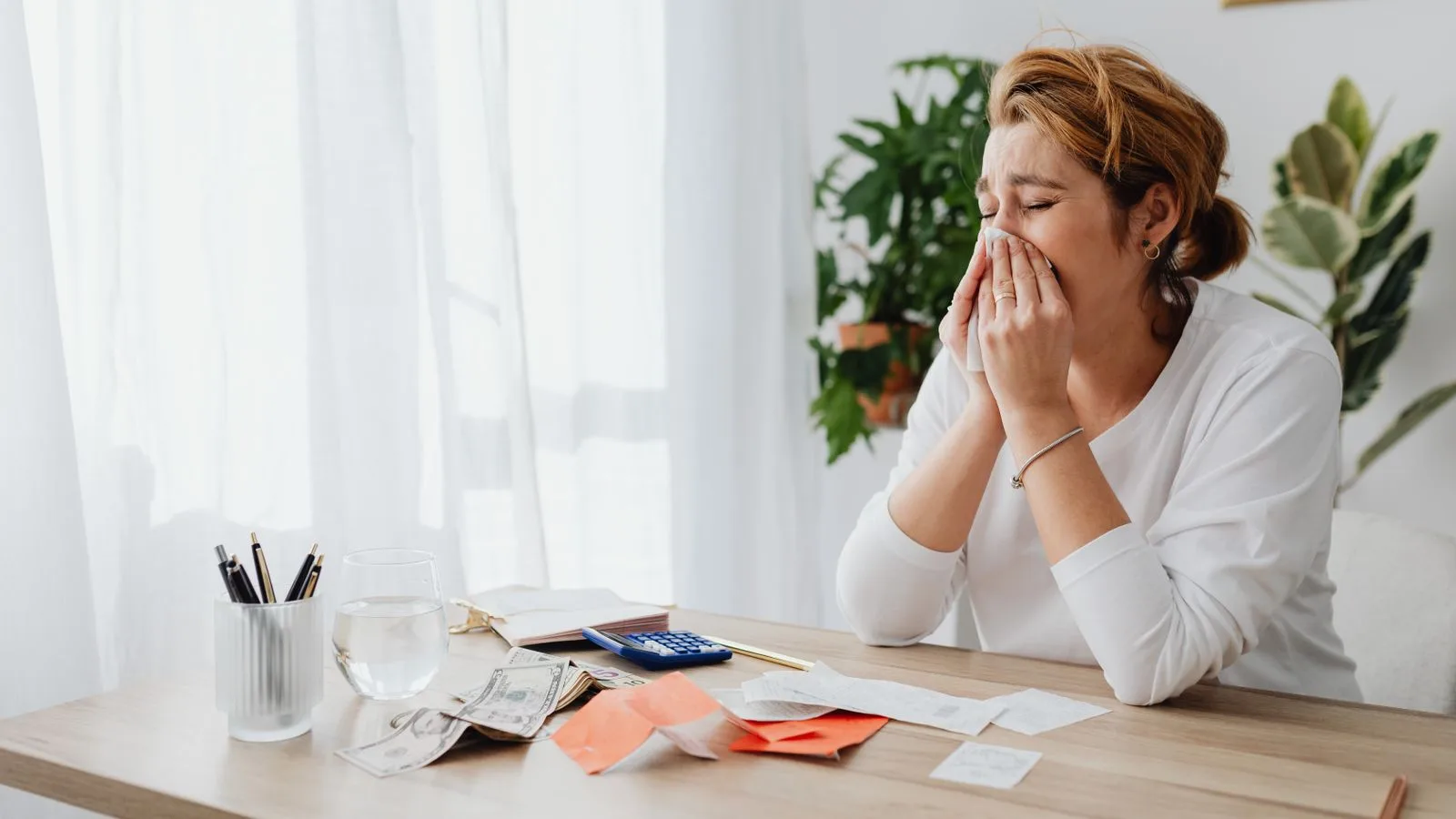 Woman looking stressed while managing finances at her office desk with papers and calculator.