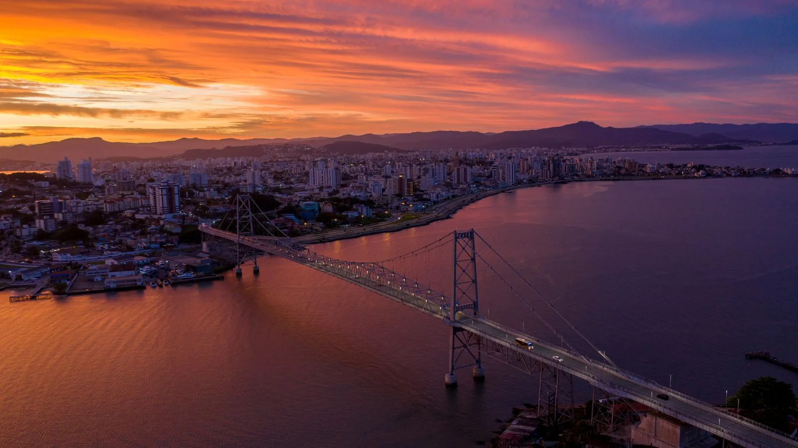 A stunning aerial view of Hercílio Luz Bridge during sunset in Florianópolis, Brazil.