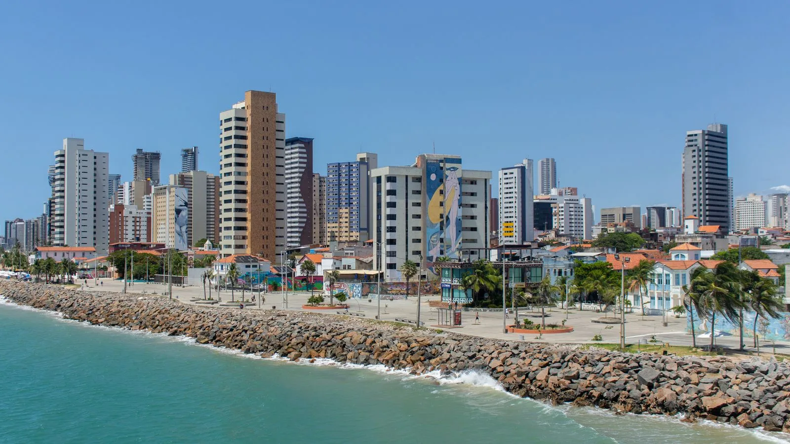 Scenic view of Fortaleza's coastal skyline in Ceará, Brazil with tall modern buildings.