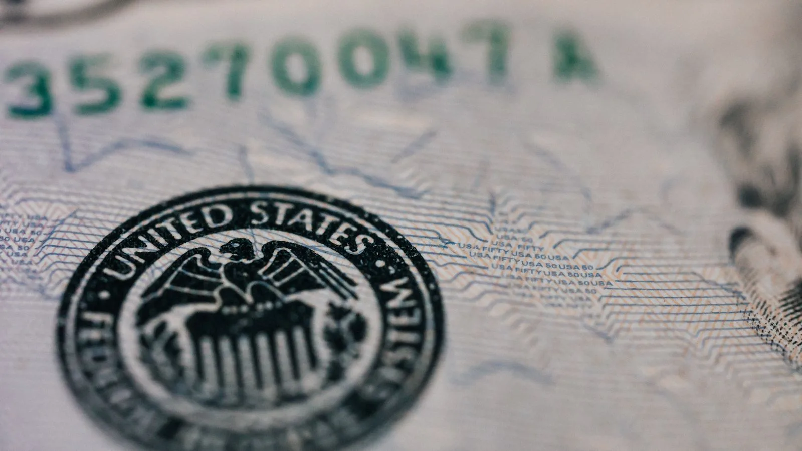 From above closeup of national symbol of USA paper money representing official seal with eagle with olive oil and arrow sitting on shield