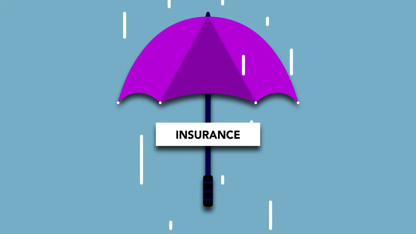 Decorative cardboard illustration of signboard with Insurance title under umbrella in rain on blue background