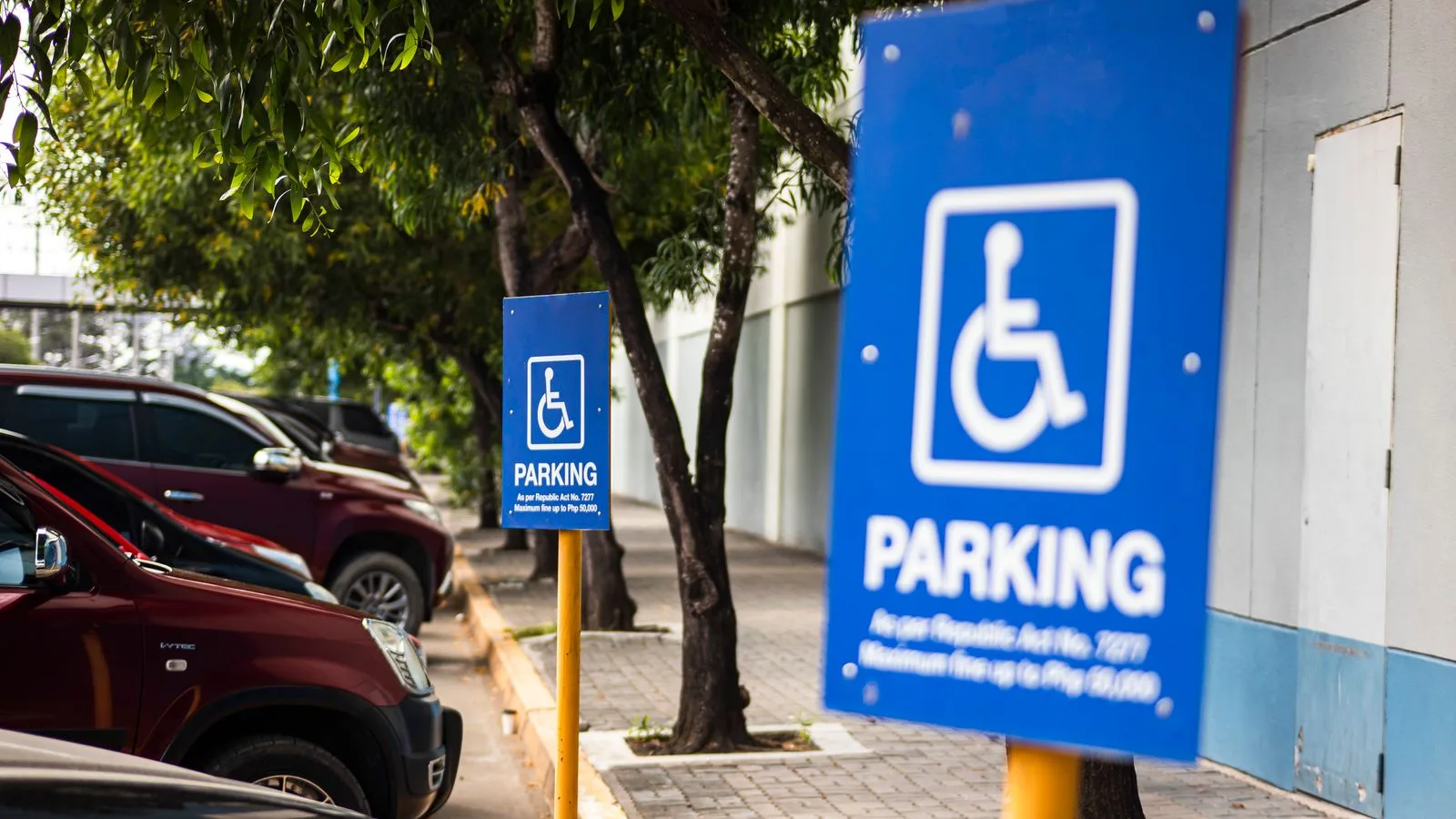Disabled sign hanging on post on parking lot with row of cars under tree branches