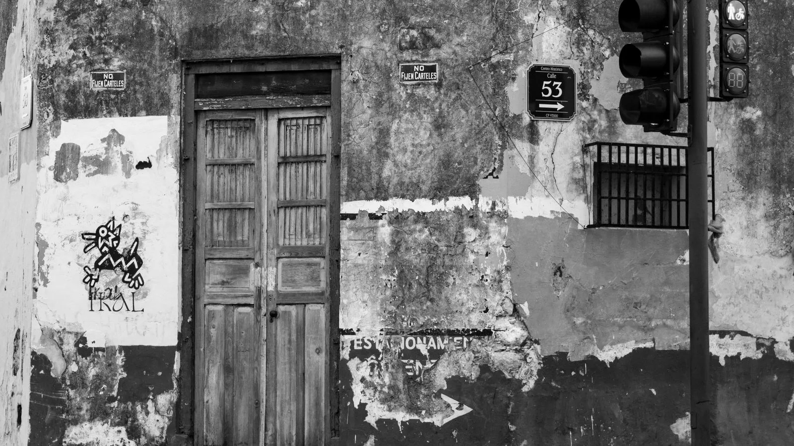 Black and white photo of a weathered urban wall with an old door and traffic light.