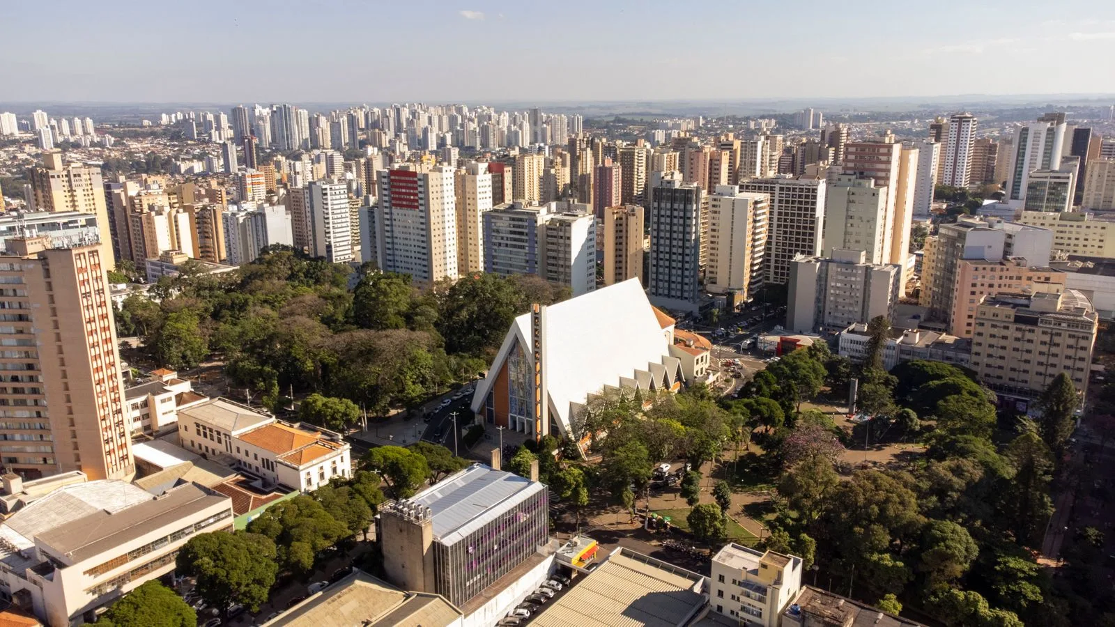 Breathtaking aerial view of Londrina's skyline and iconic Metropolitan Cathedral.