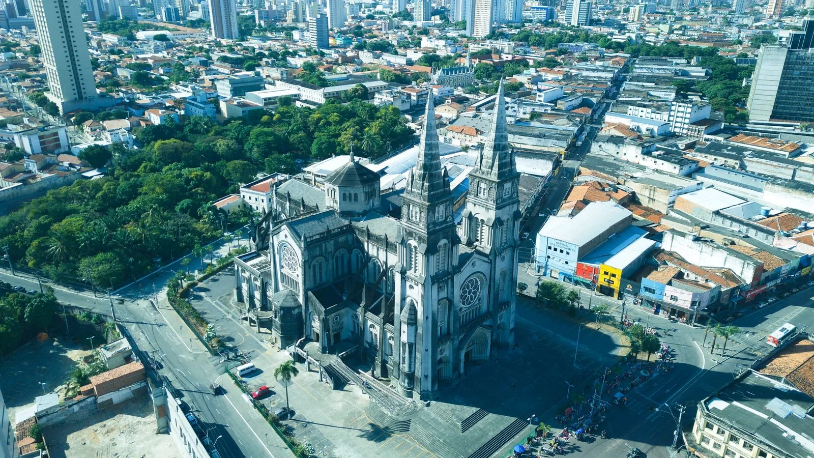 Stunning aerial view of the Metropolitan Cathedral amidst Fortaleza cityscape, Brazil.