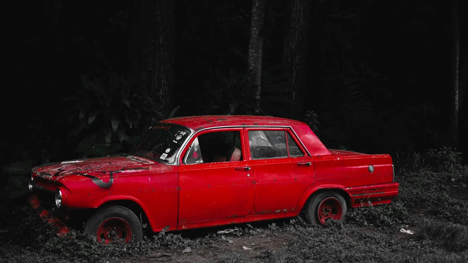Old car with damaged bumper and broken window on grassy ground in forest