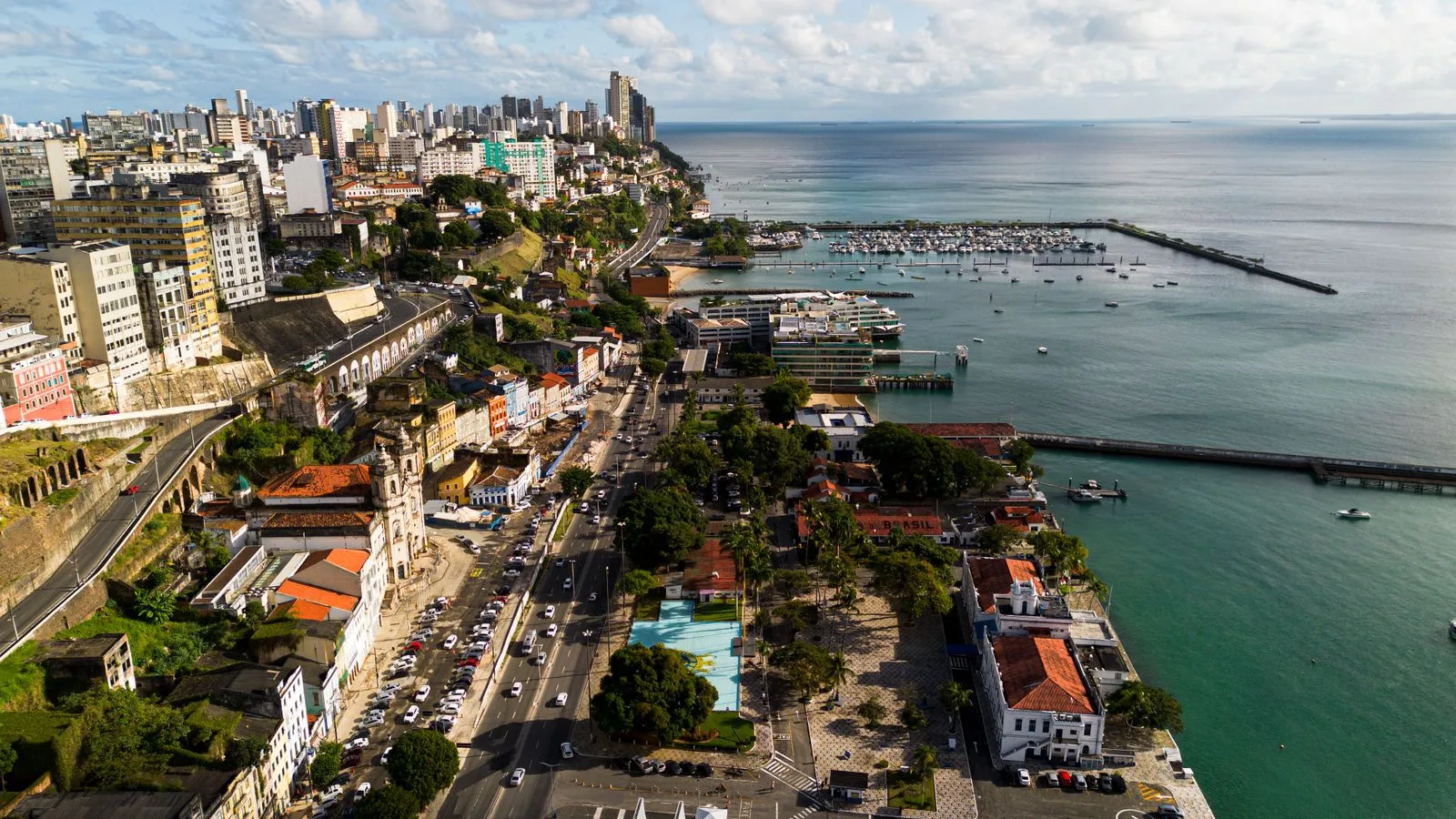 Discover the stunning aerial view of Salvador, Brazil's vibrant coastal city.